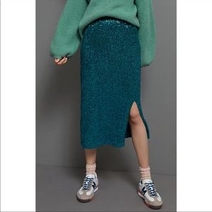 Anthropologie Maeve Teal Sequin midi pencil skirt whimsical mermaid trendy